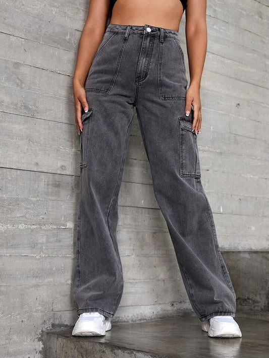 Charcoal 6-Pocket Cargo Jeans for Women – Trendy High Waist Denim