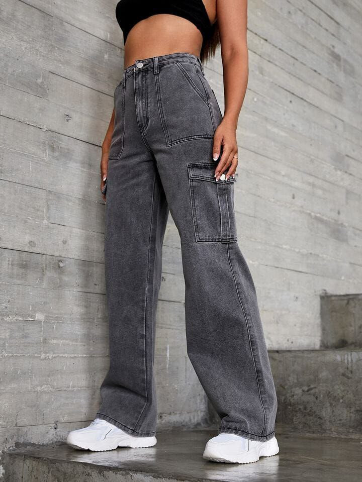 Charcoal 6-Pocket Cargo Jeans for Women – Trendy High Waist Denim