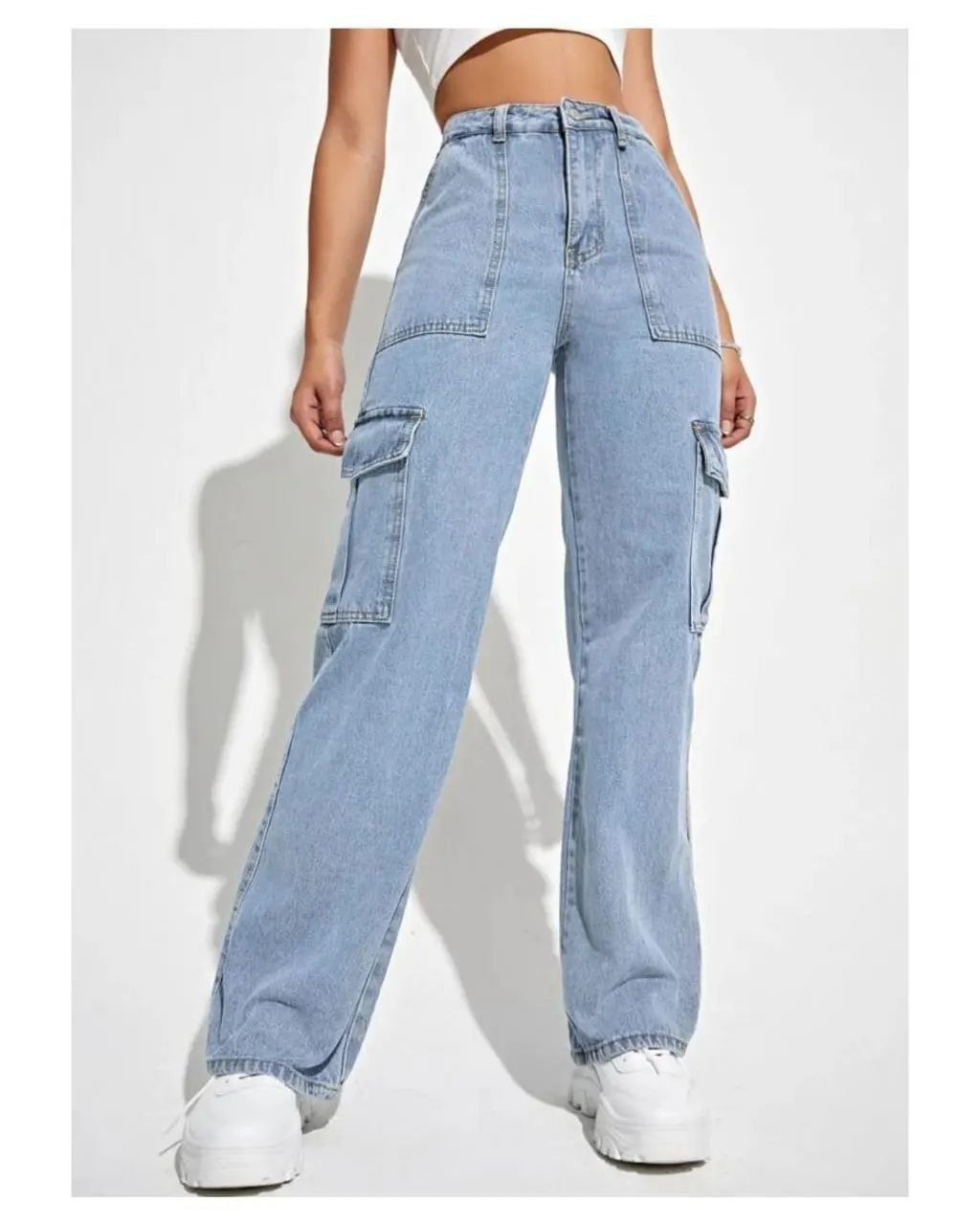 Ice Blue 6-Pocket Cargo Jeans for Women – Casual High Waist Denim