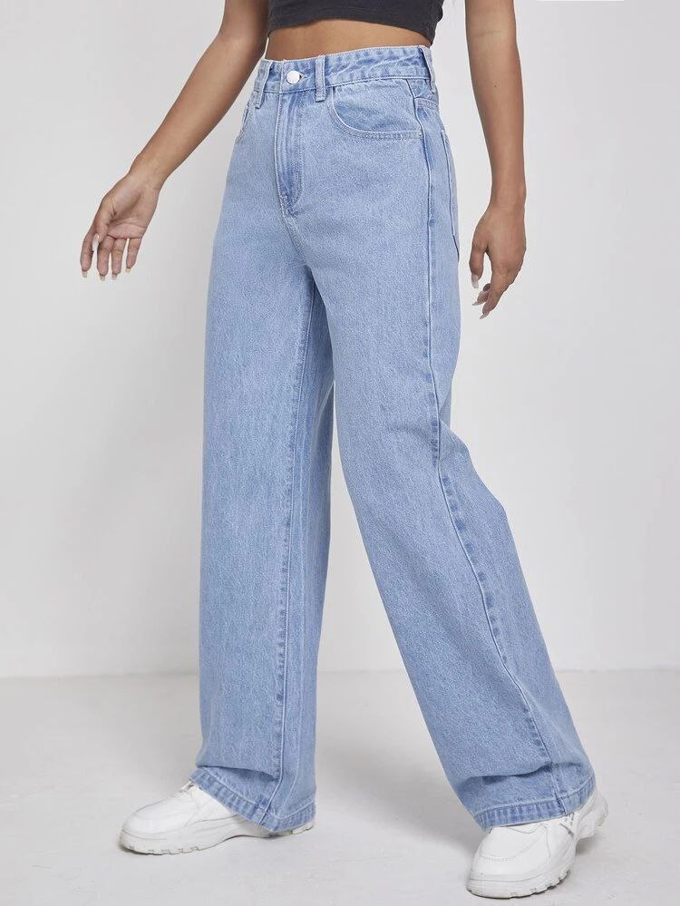 Ice Blue High Waist Wide-Leg Jeans for Women – Non-Stretch Premium Denim