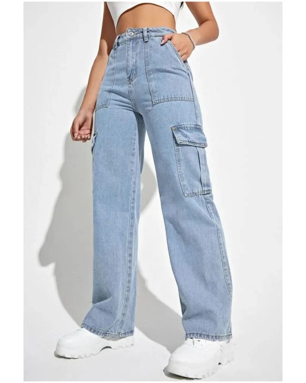 Ice Blue 6-Pocket Cargo Jeans for Women – Casual High Waist Denim