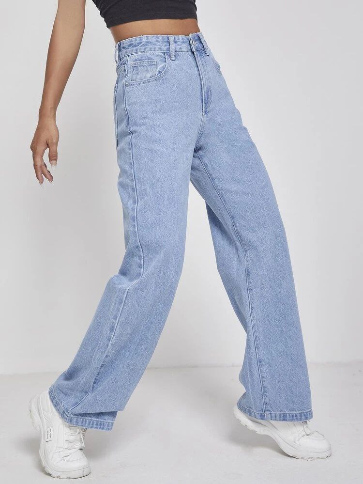Ice Blue High Waist Wide-Leg Jeans for Women – Non-Stretch Premium Denim