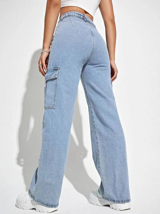 Ice Blue 6-Pocket Cargo Jeans for Women – Casual High Waist Denim