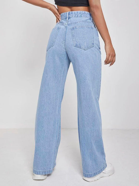 Ice Blue High Waist Wide-Leg Jeans for Women – Non-Stretch Premium Denim