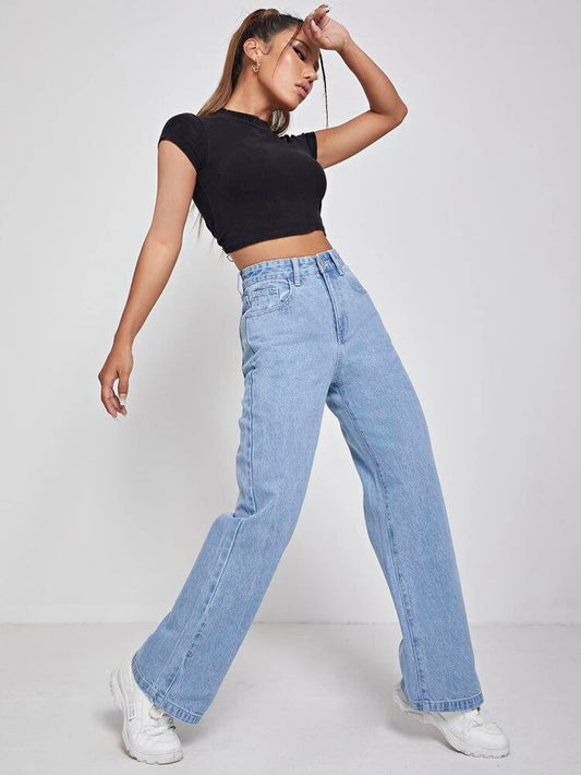 Ice Blue High Waist Wide-Leg Jeans for Women – Non-Stretch Premium Denim