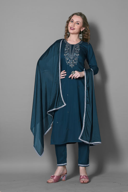 Indigo Embroidered Silk Blend Suit Set with Dupatta Elegant Ethnic Wear for Women