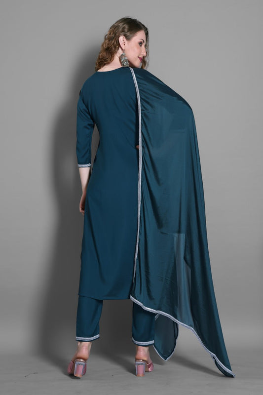 Indigo Embroidered Silk Blend Suit Set with Dupatta Elegant Ethnic Wear for Women