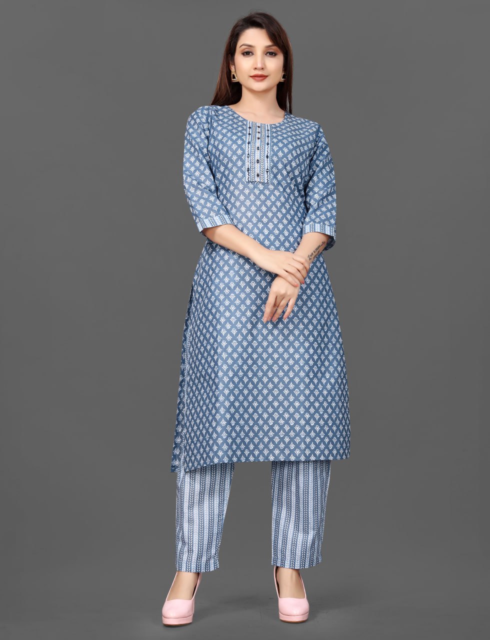 Silkonic Kalki Blue Mirror Work Cotton Kurta Set