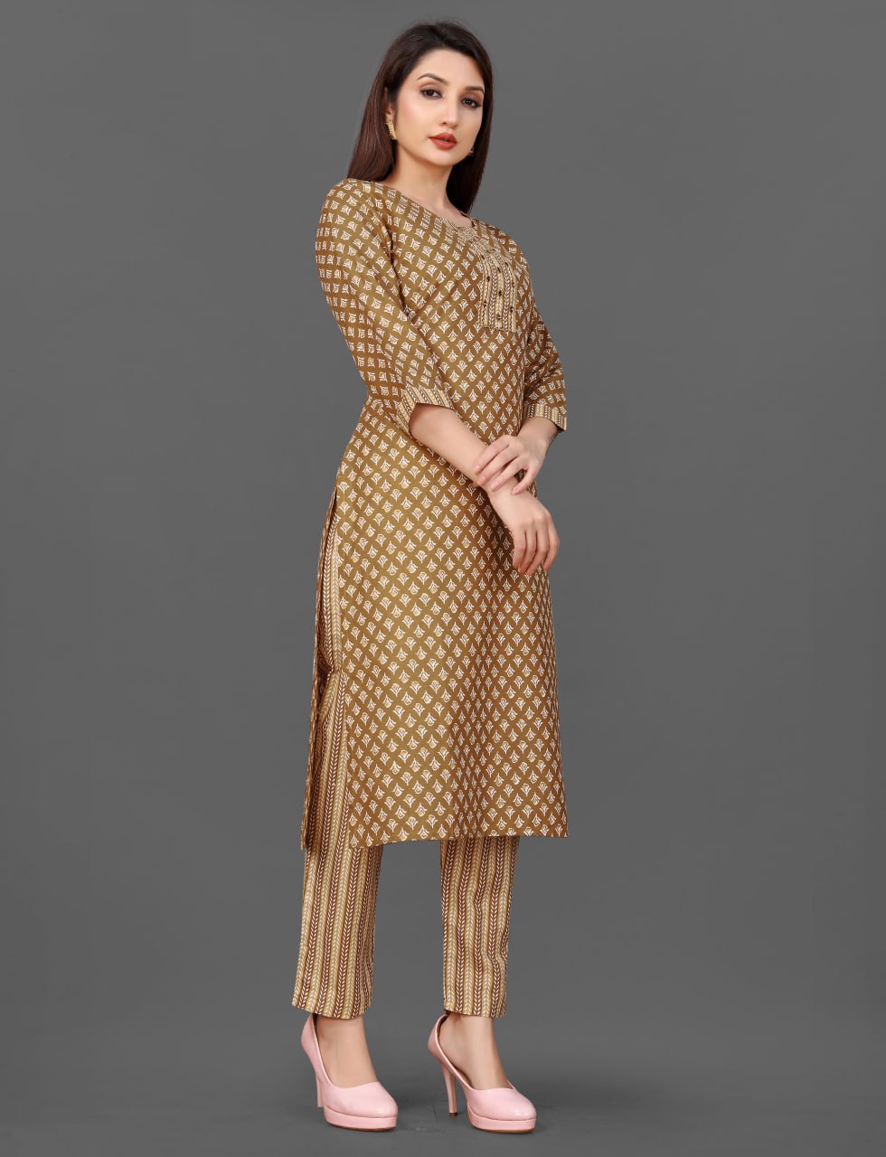 Brown Pure Cotton Kurta Set with Mirror Work – SILKONIC