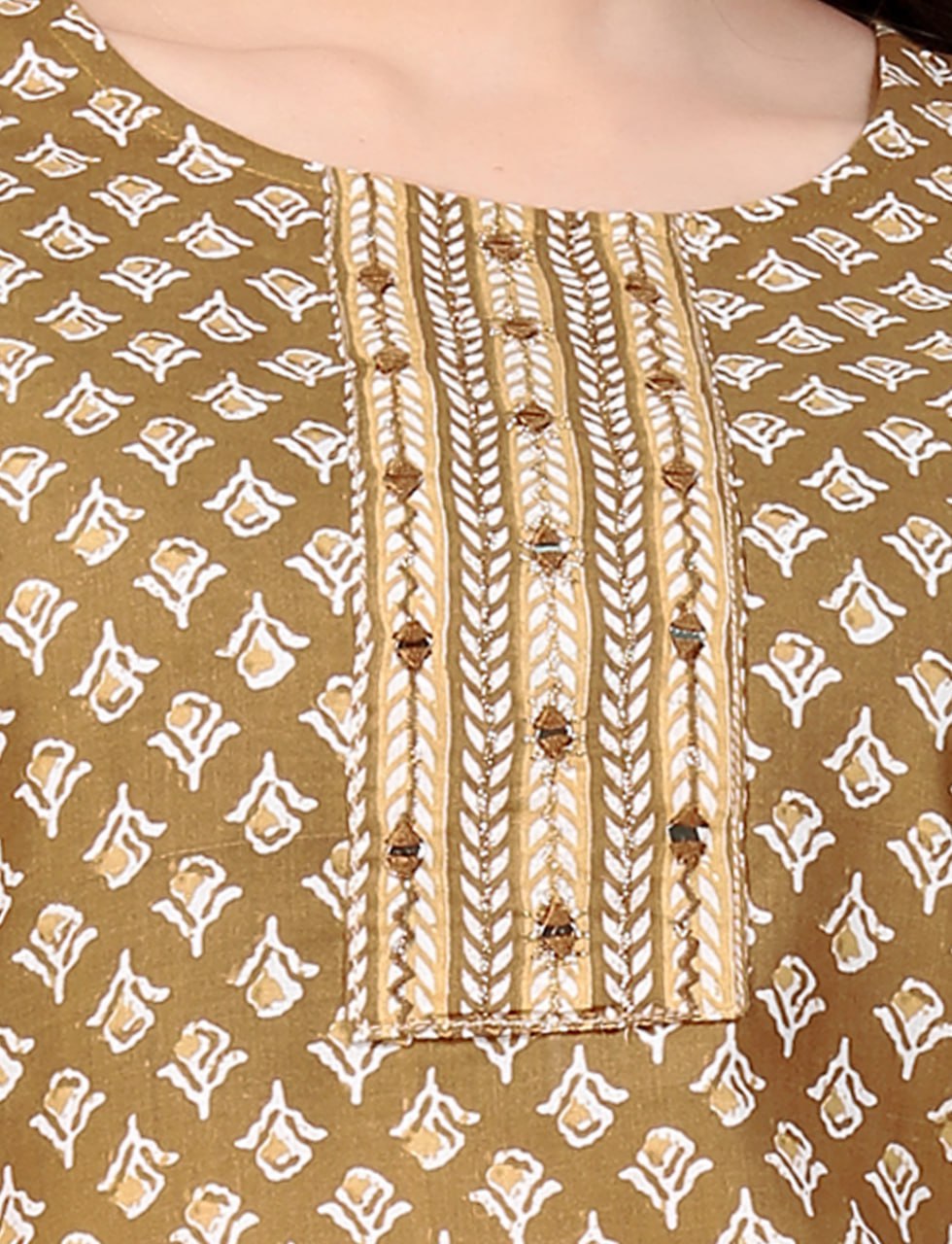 Brown Pure Cotton Kurta Set with Mirror Work – SILKONIC