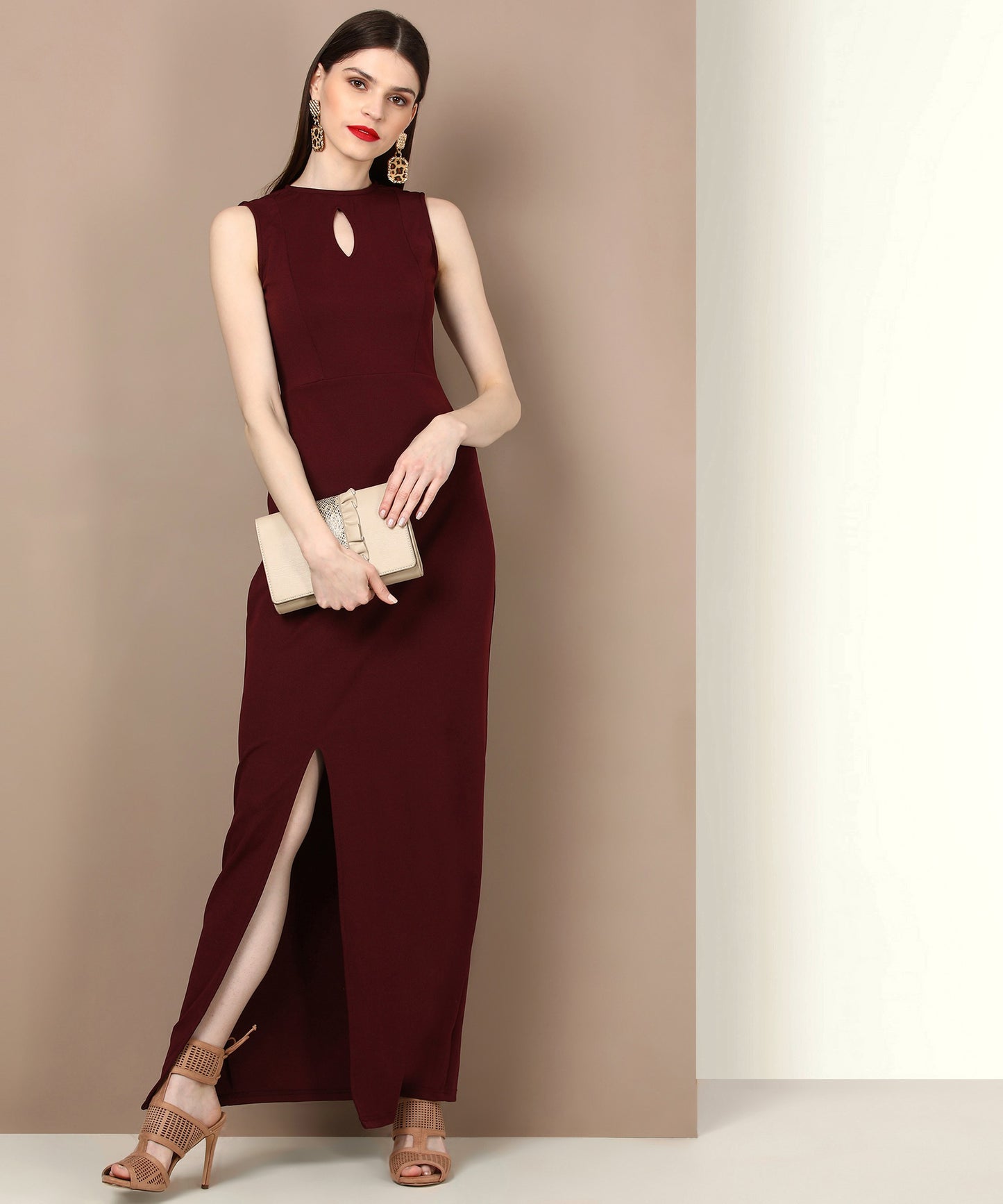 Maroon Sleeveless Keyhole Neck Bodycon Maxi Dress for Women – Party Wear