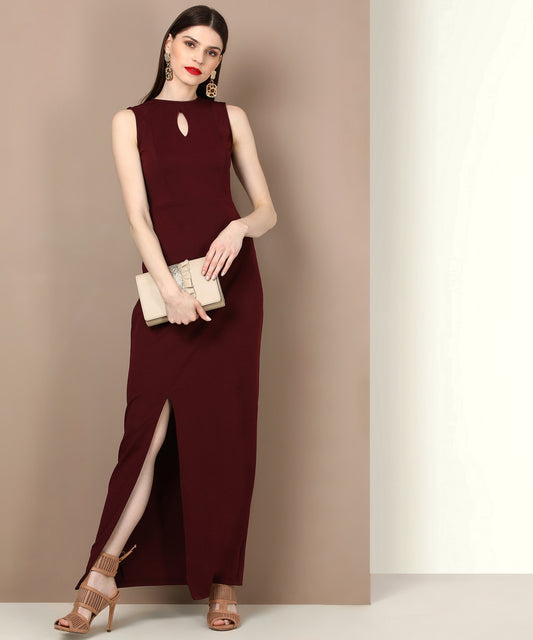 Maroon Sleeveless Keyhole Neck Bodycon Maxi Dress for Women – Party Wear
