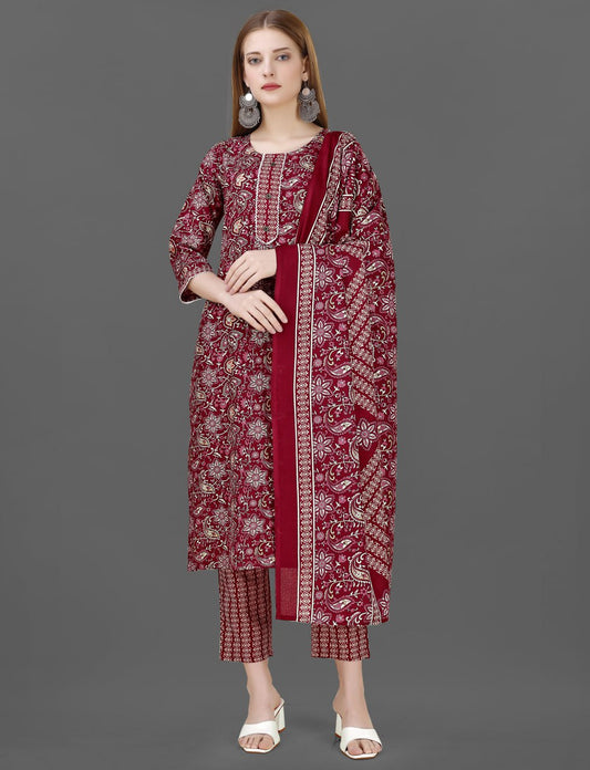 Maroon Floral Cotton Blend Kurta Set with Dupatta for Women | Silkonic