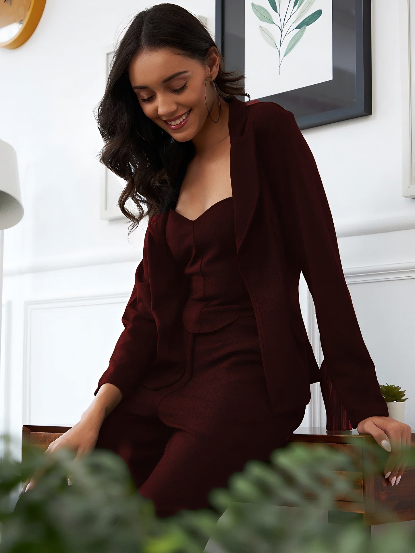 SILKONIC Women's Maroon Blazer Co-ord Set – Power Chic Look