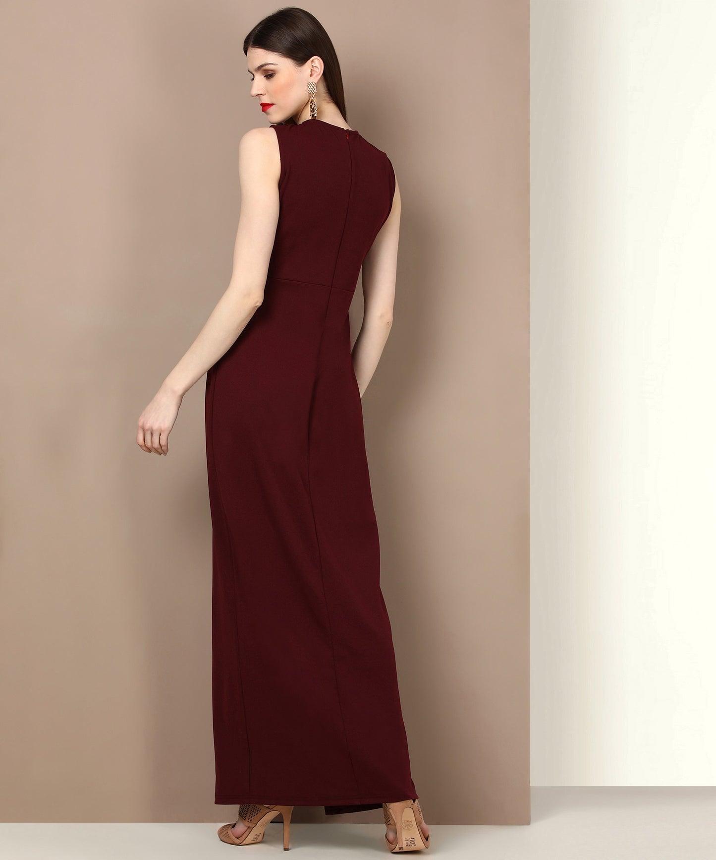 Maroon Sleeveless Keyhole Neck Bodycon Maxi Dress for Women – Party Wear