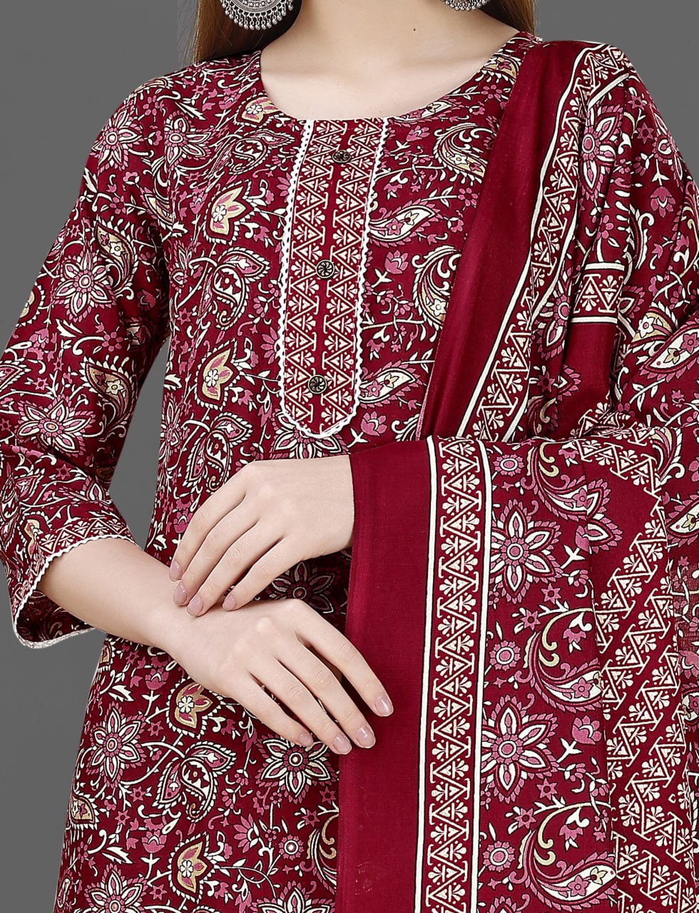 Maroon Floral Cotton Blend Kurta Set with Dupatta for Women | Silkonic