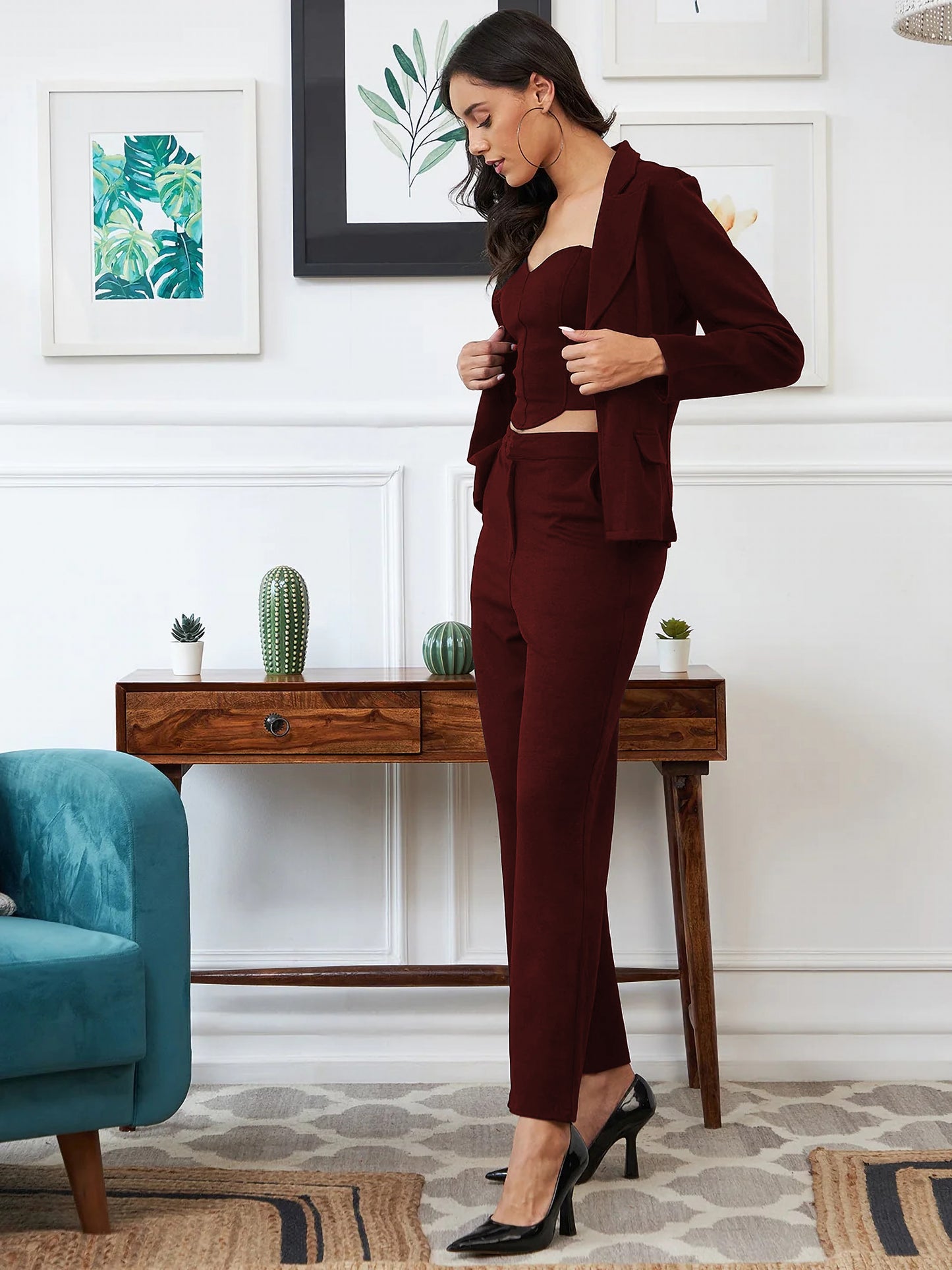 SILKONIC Women's Maroon Blazer Co-ord Set – Power Chic Look