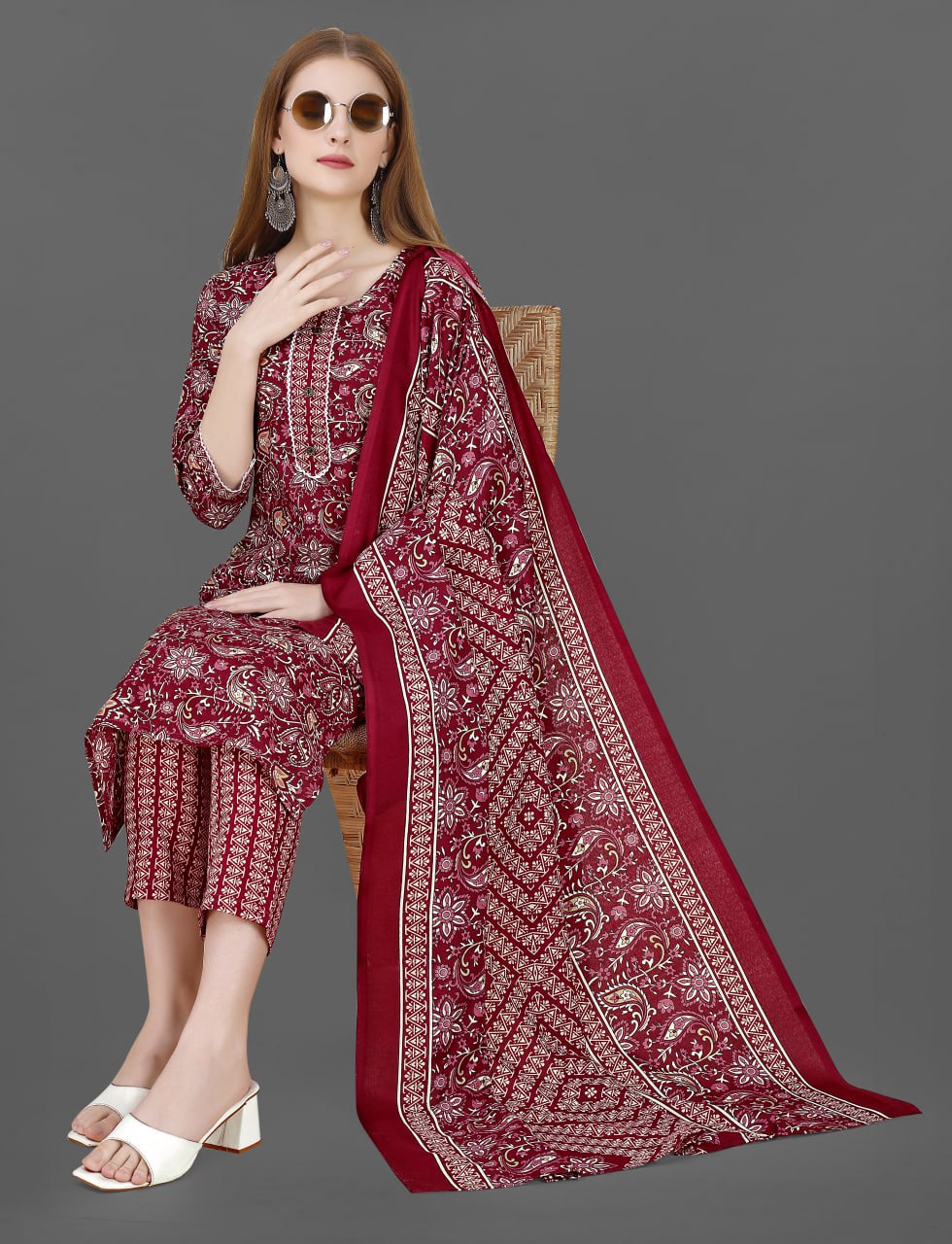 Maroon Floral Cotton Blend Kurta Set with Dupatta for Women | Silkonic