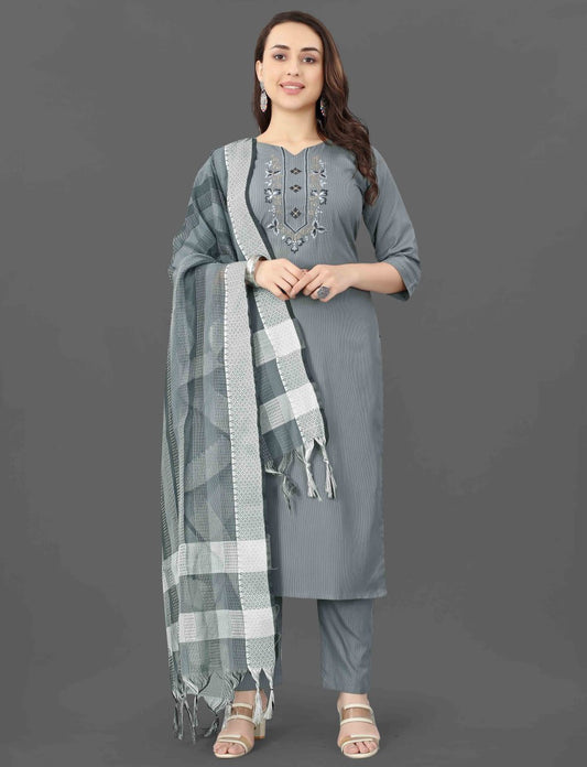Mohini Grey Mirror Work Ethnic Set for Women