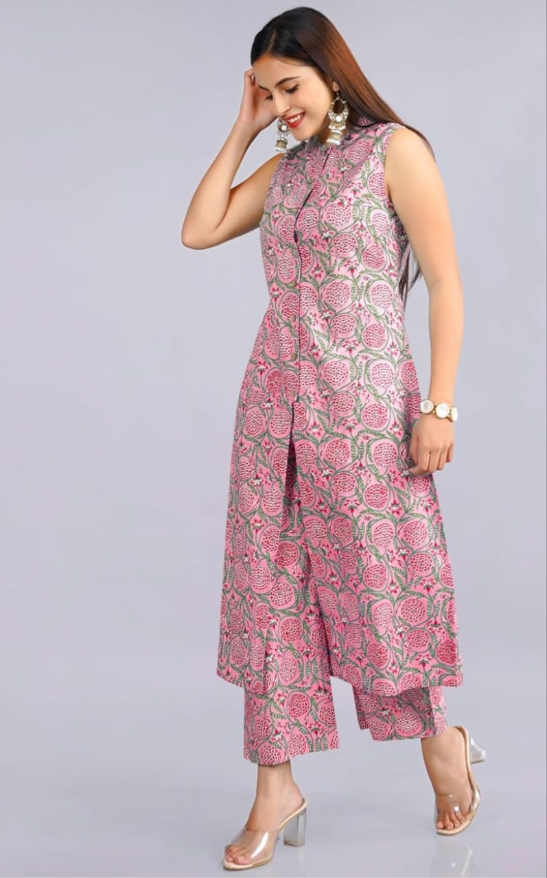 Pink Ethnic Printed Co-ord Set for Women – Sleeveless Kurta & Matching Pants