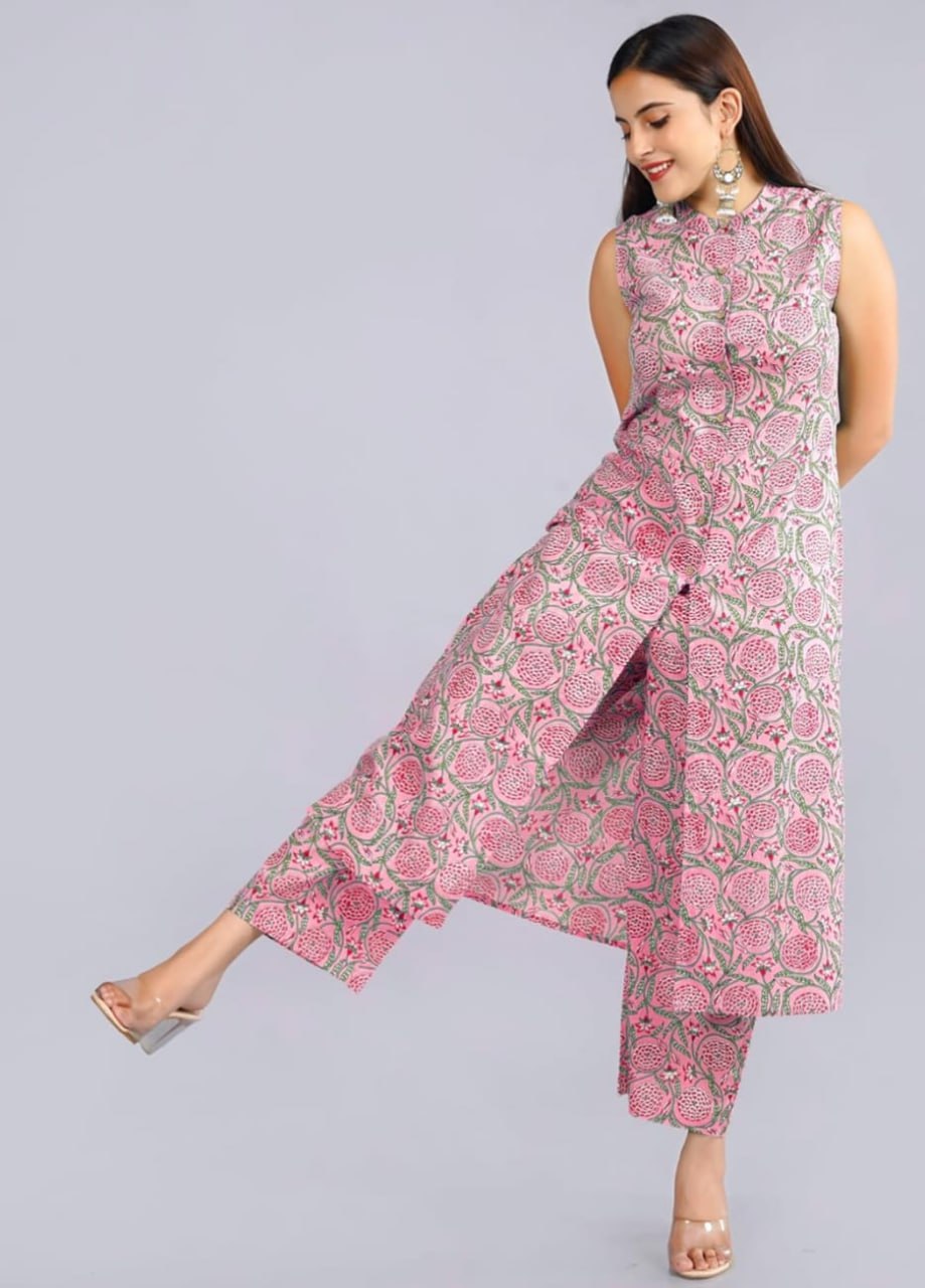 Pink Ethnic Printed Co-ord Set for Women – Sleeveless Kurta & Matching Pants
