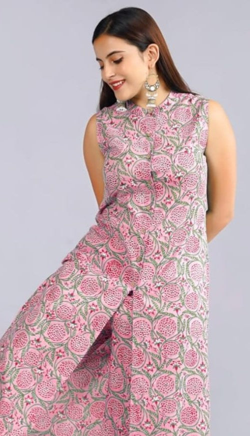 Pink Ethnic Printed Co-ord Set for Women – Sleeveless Kurta & Matching Pants