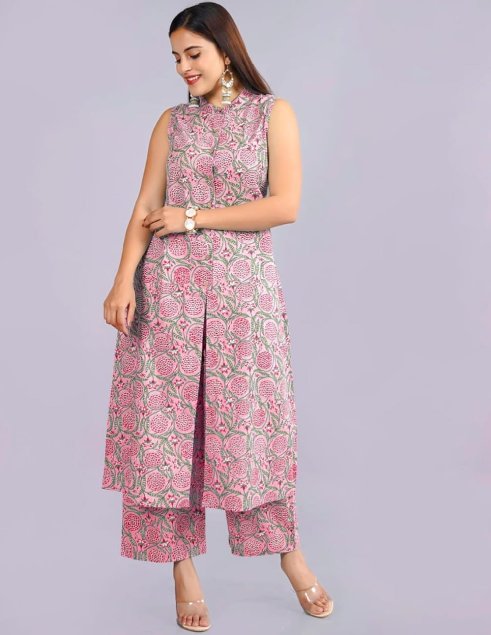 Pink Ethnic Printed Co-ord Set for Women – Sleeveless Kurta & Matching Pants