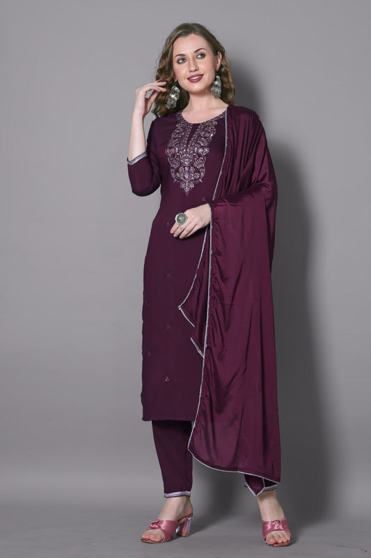 Purple Embroidered Silk Blend Suit Set with Dupatta – Graceful Ethnic Wear for Women | SILKONIC