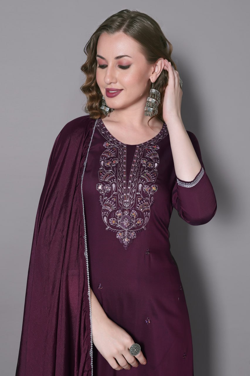 Purple Embroidered Silk Blend Suit Set with Dupatta – Graceful Ethnic Wear for Women | SILKONIC