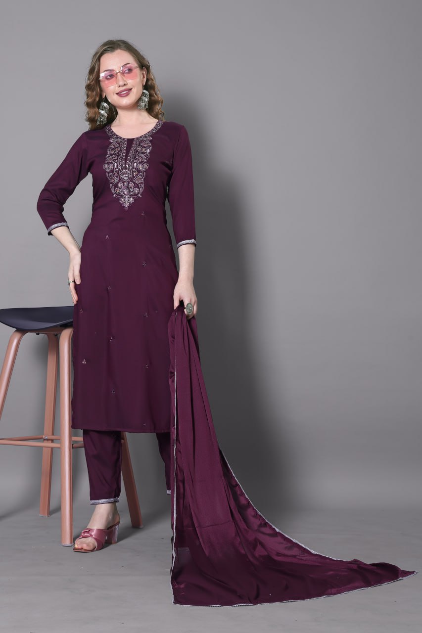 Purple Embroidered Silk Blend Suit Set with Dupatta – Graceful Ethnic Wear for Women | SILKONIC