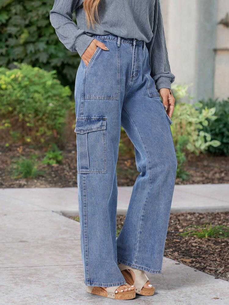 Stone Blue Color 6-Pocket Cargo Jeans for Women – Classic High Waist Fit