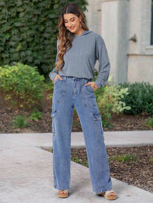Stone Blue Color 6-Pocket Cargo Jeans for Women – Classic High Waist Fit