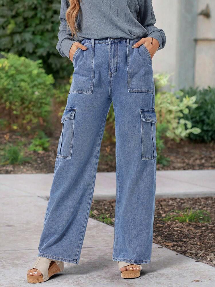 Stone Blue Color 6-Pocket Cargo Jeans for Women – Classic High Waist Fit