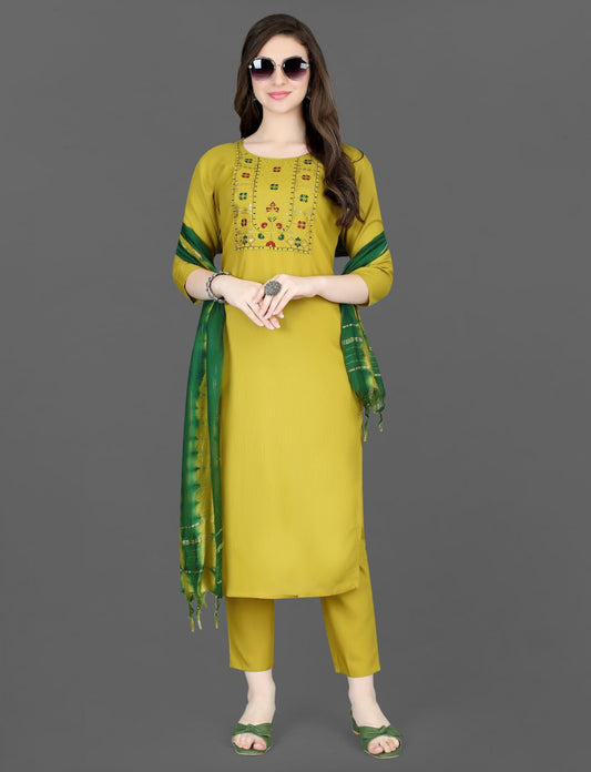 Sunlit Bloom Embroidered Yellow Cotton Blend Suit Set with Chanderi Dupatta