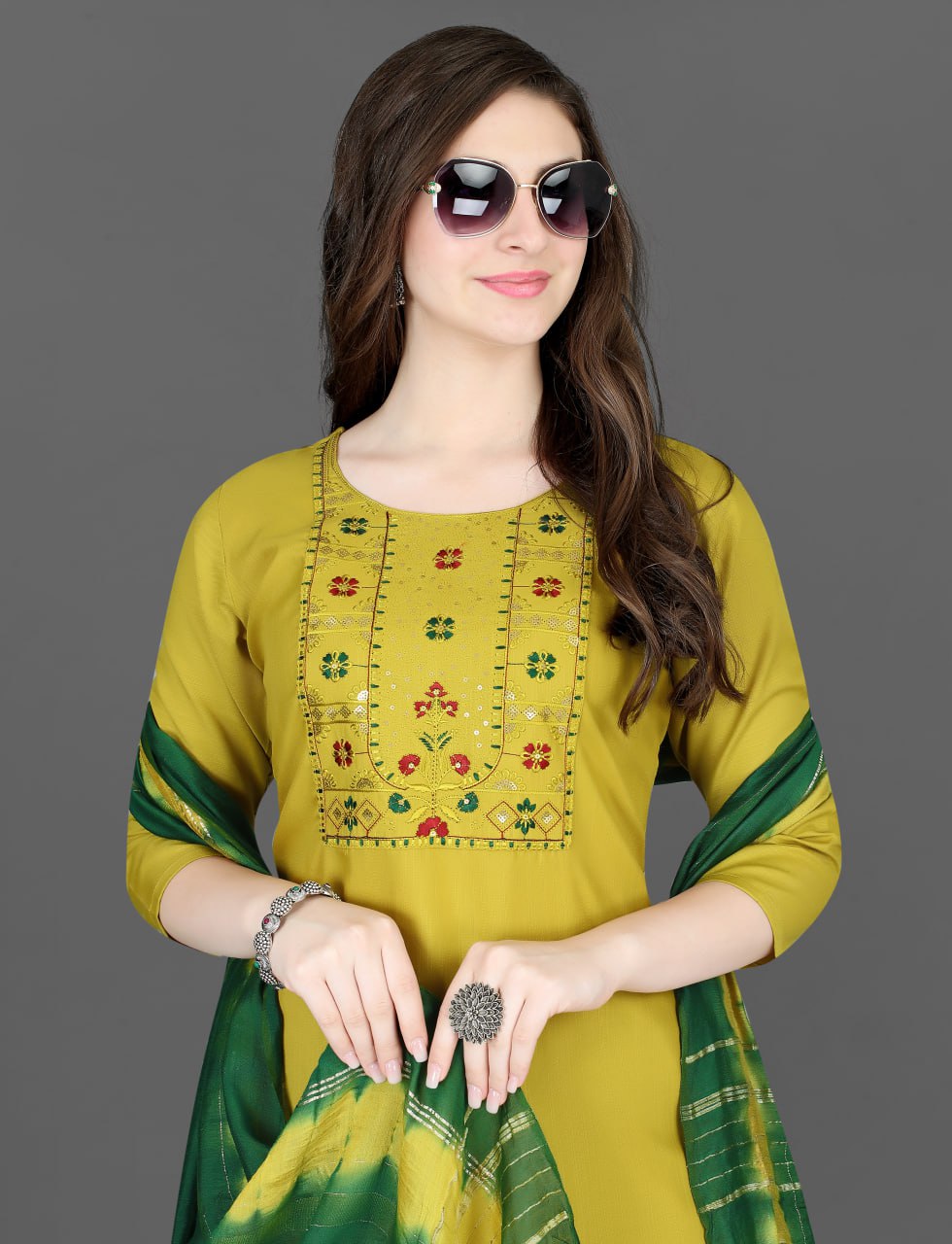 Sunlit Bloom Embroidered Yellow Cotton Blend Suit Set with Chanderi Dupatta