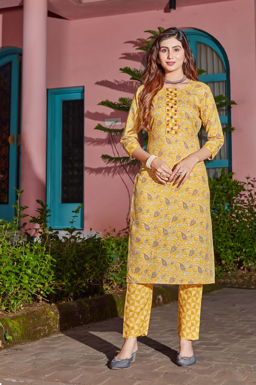 Yellow Cotton Blend Kurta Set with Foil Print & Mirror Work – SILKONIC