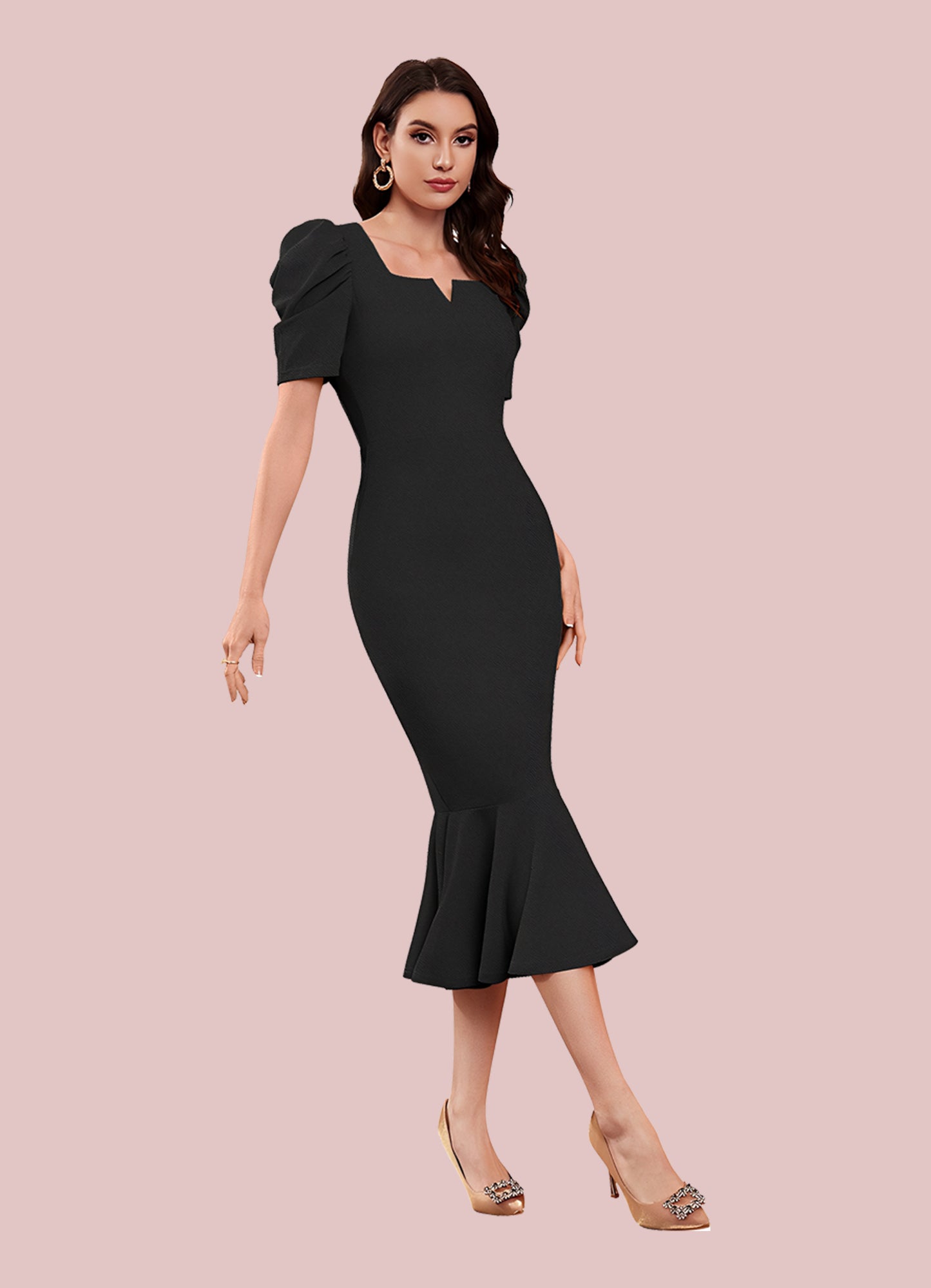 Silkonic Luxe Black Bodycon Puff Sleeve Dress