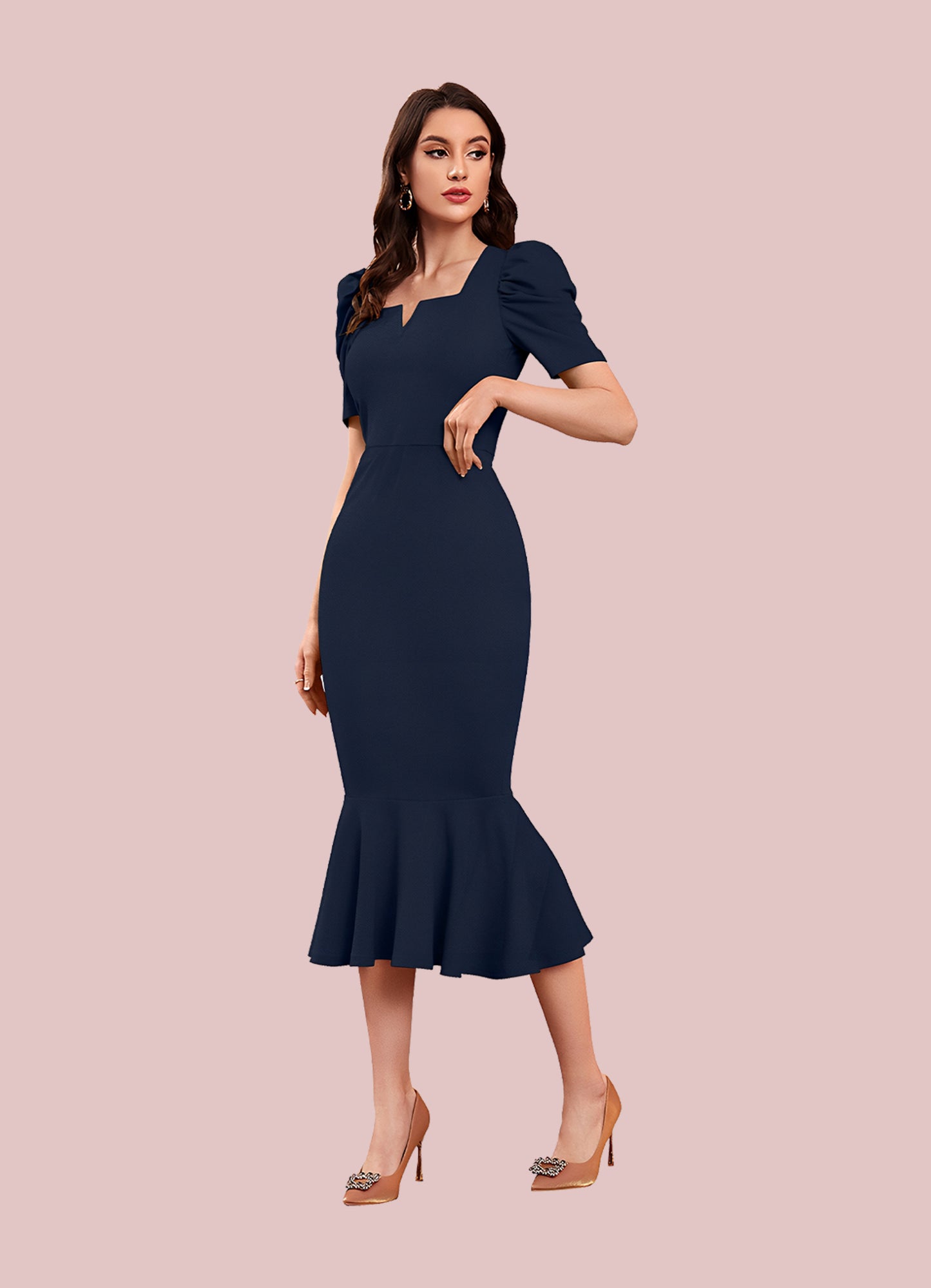 Silkonic Bold Navy Blue Bodycon Dress with Puff Sleeves