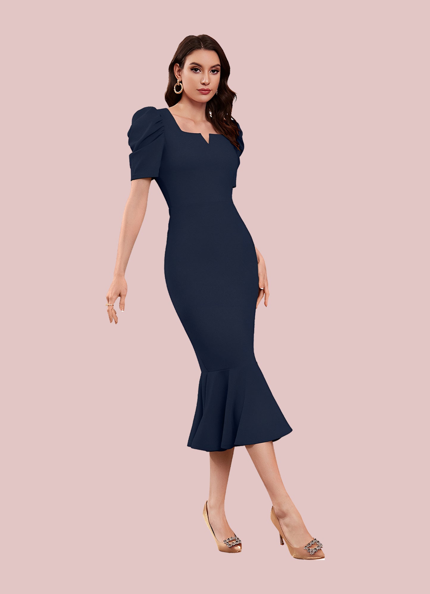 Silkonic Bold Navy Blue Bodycon Dress with Puff Sleeves
