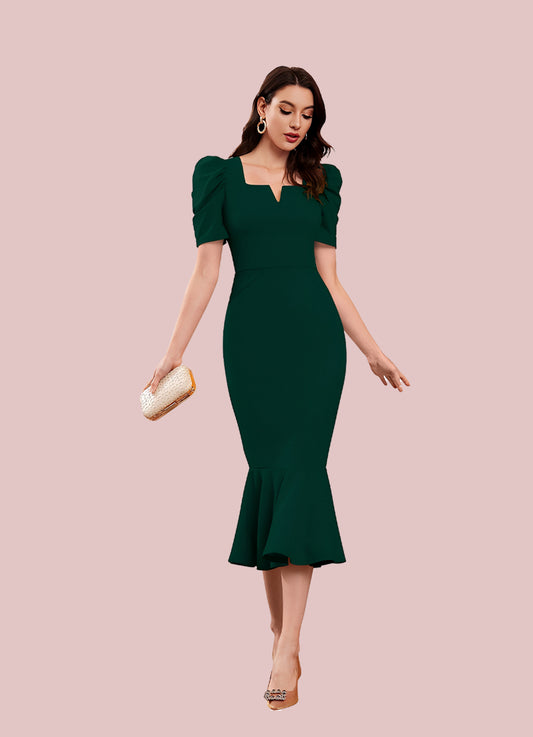 Silkonic Elegant Green Bodycon Dress with Puff Sleeves