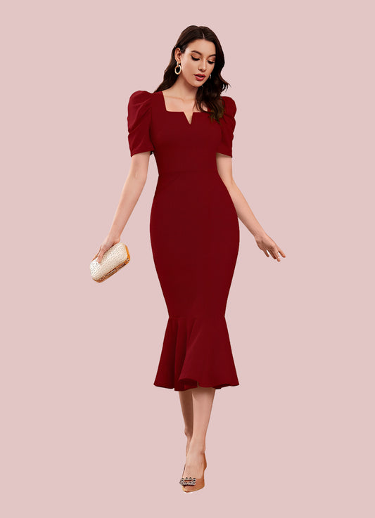 Silkonic Rich Maroon Square Neck Bodycon Dress