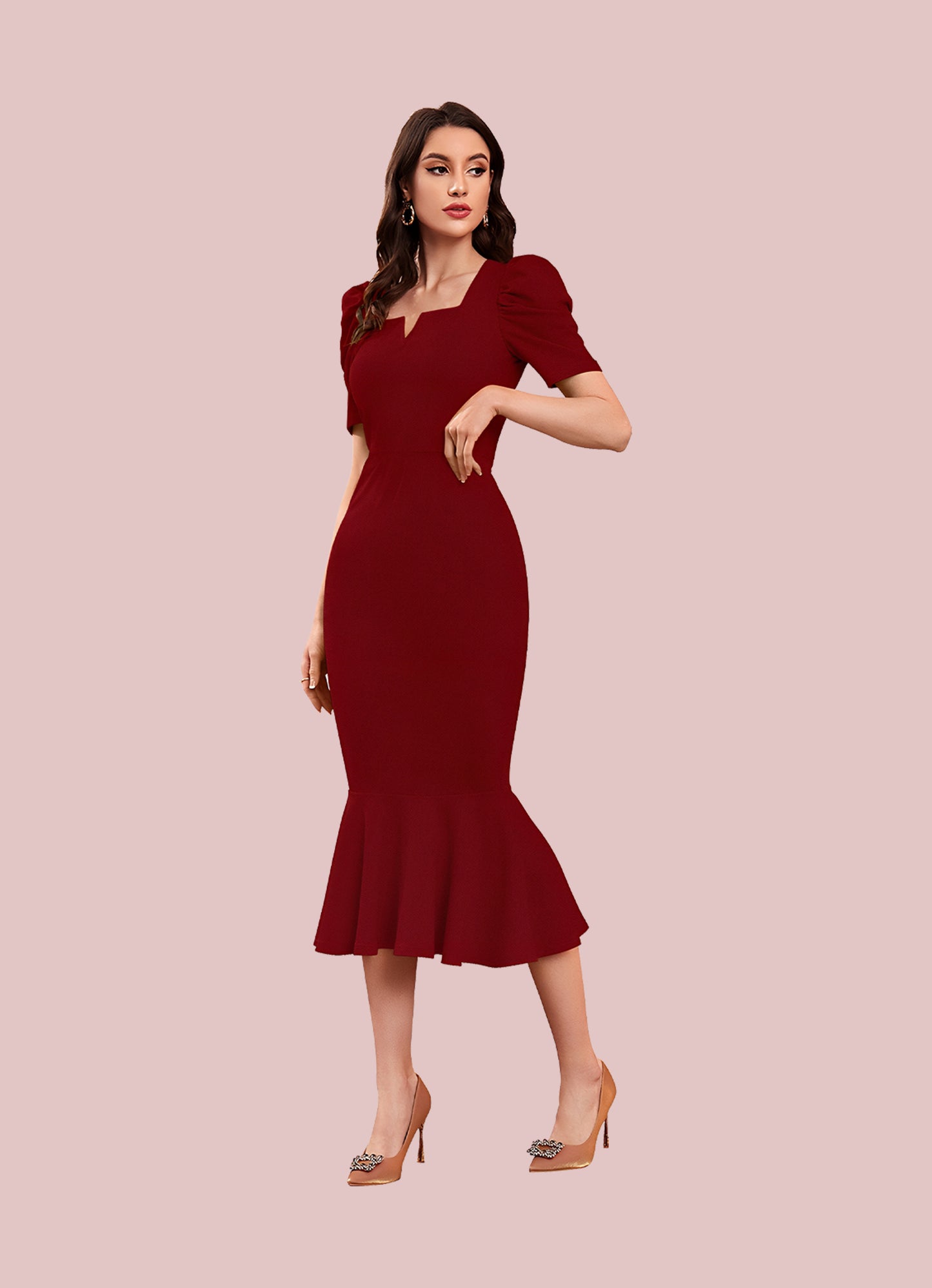 Silkonic Rich Maroon Square Neck Bodycon Dress