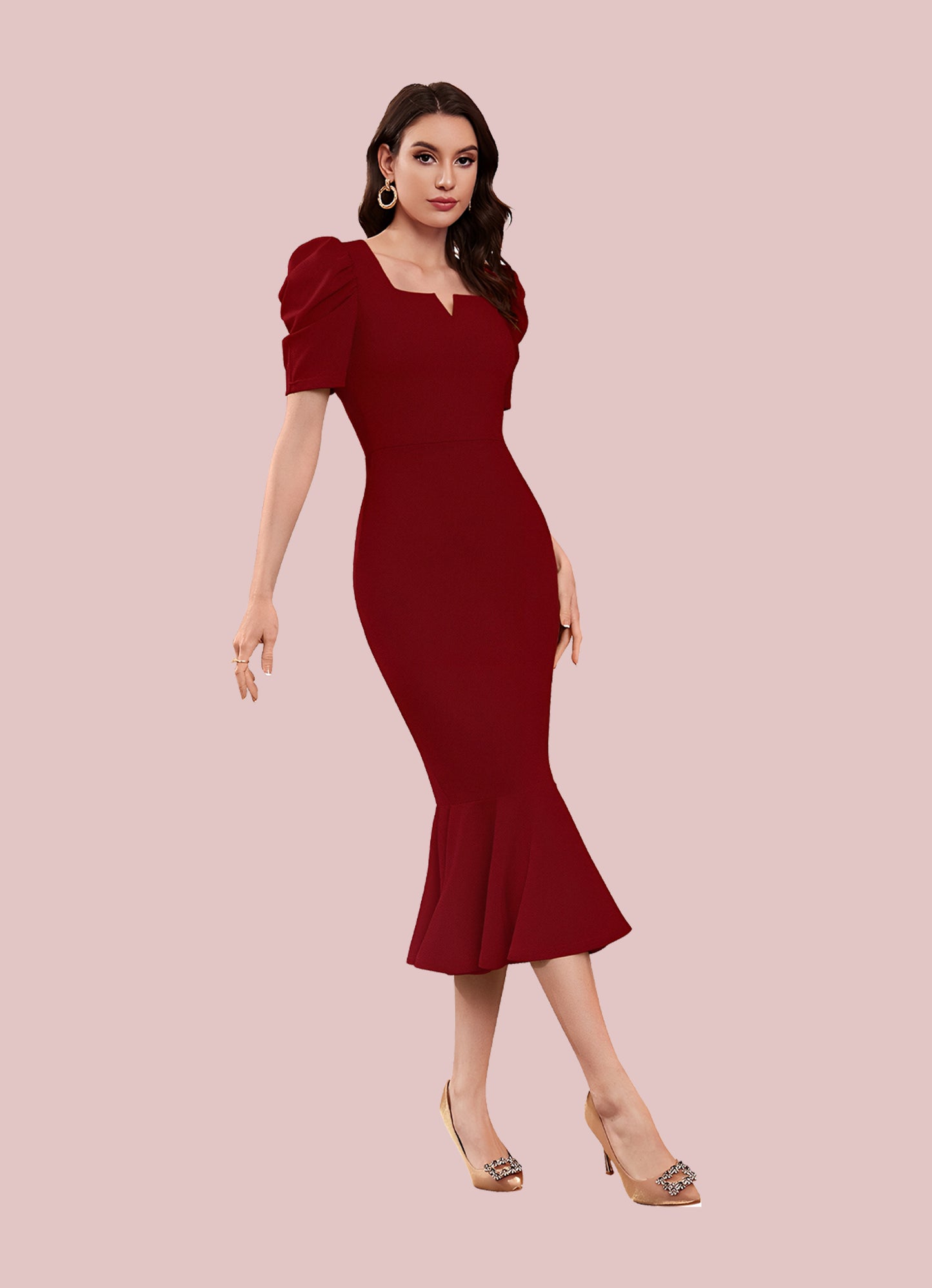 Silkonic Rich Maroon Square Neck Bodycon Dress