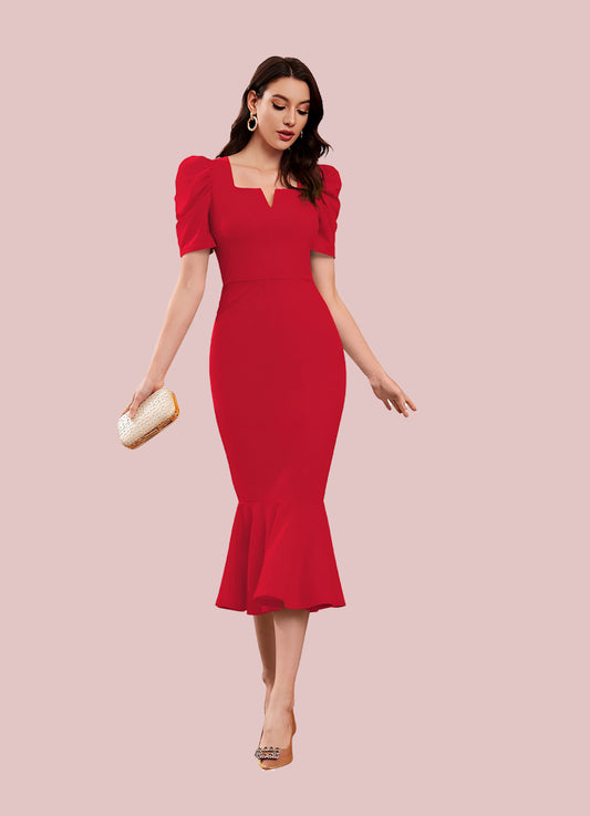 Silkonic Scarlet Red Puff Sleeve Bodycon Dress