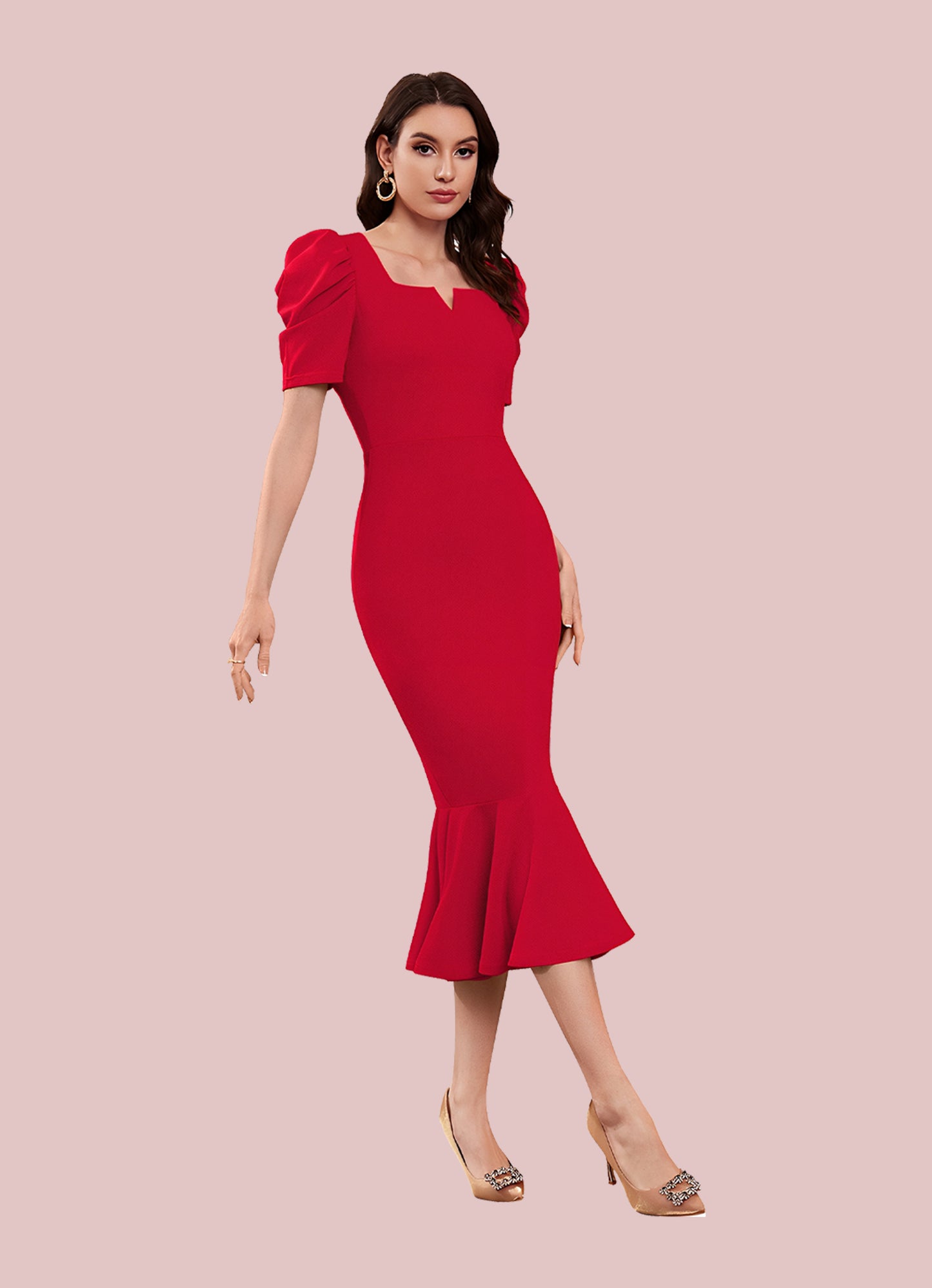 Silkonic Scarlet Red Puff Sleeve Bodycon Dress