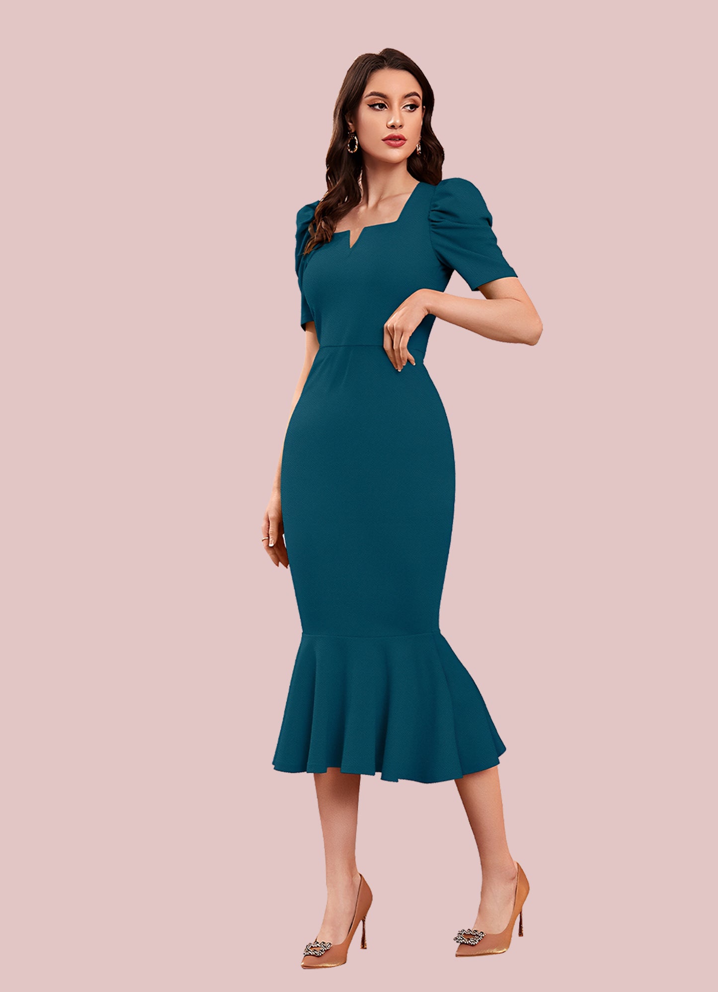 Silkonic Teal Dream Bodycon Dress with Puff Sleeves