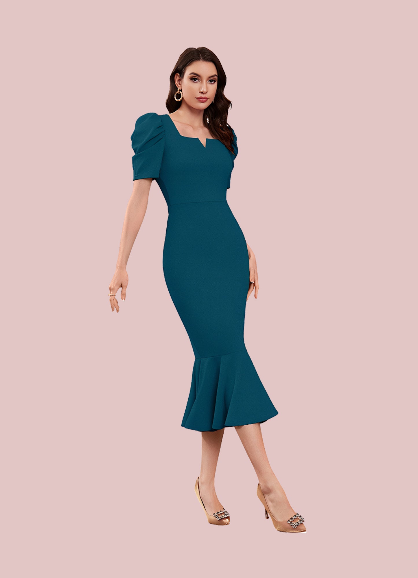 Silkonic Teal Dream Bodycon Dress with Puff Sleeves