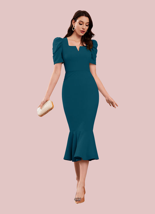 Silkonic Teal Dream Bodycon Dress with Puff Sleeves