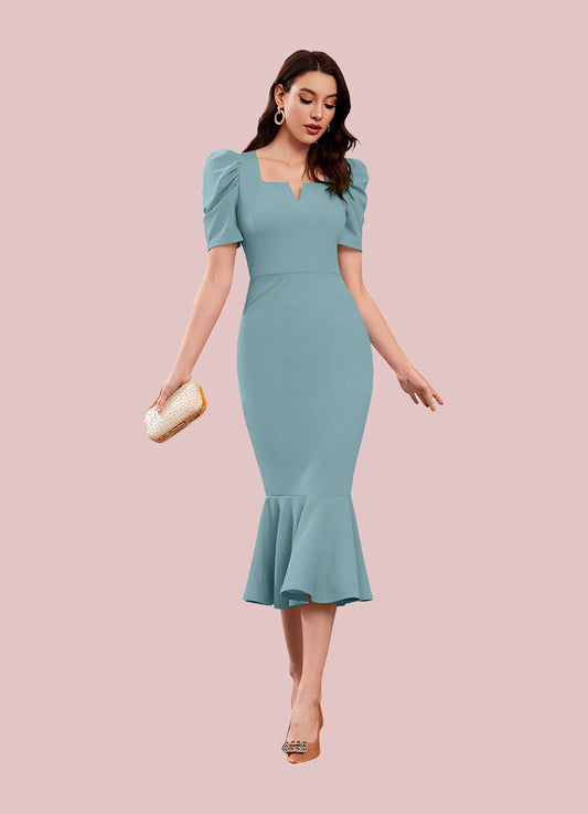 Silkonic Soft Turquoise Bodycon Dress  with Puff Sleeves