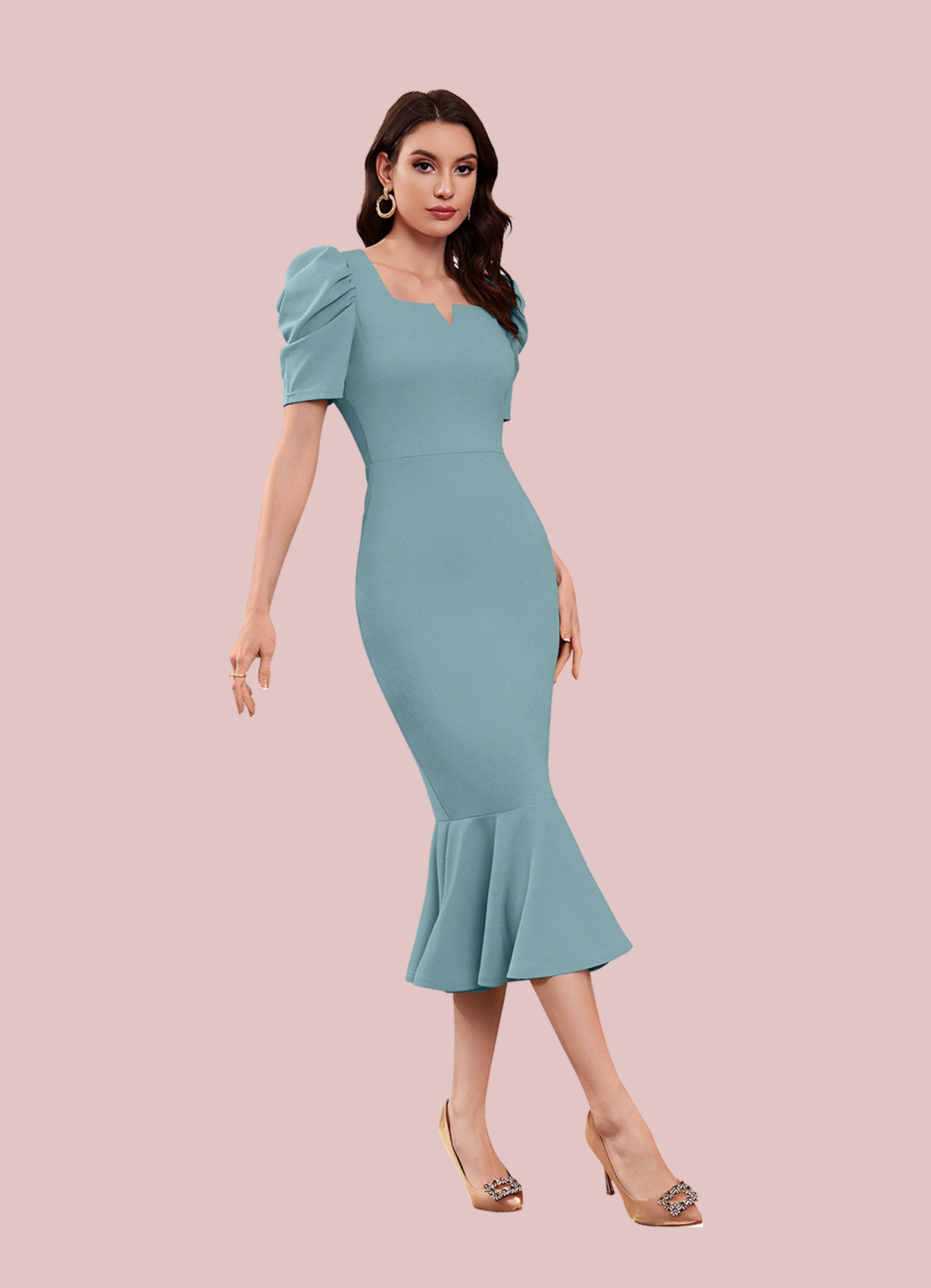Silkonic Soft Turquoise Bodycon Dress  with Puff Sleeves